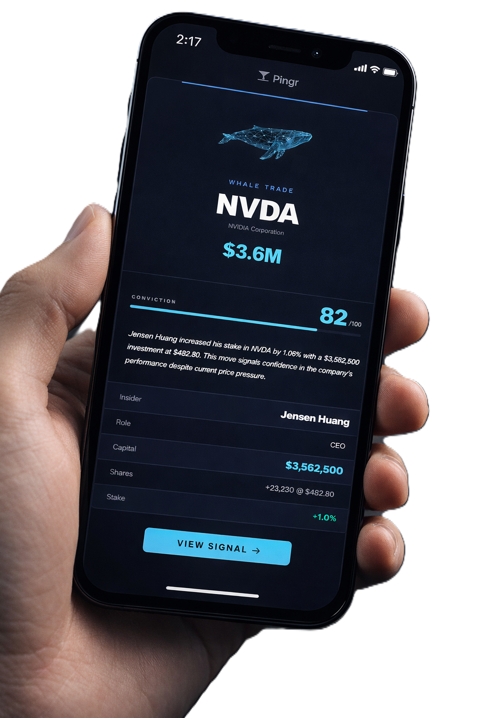 A Pingr alert — real-time insider trade notification