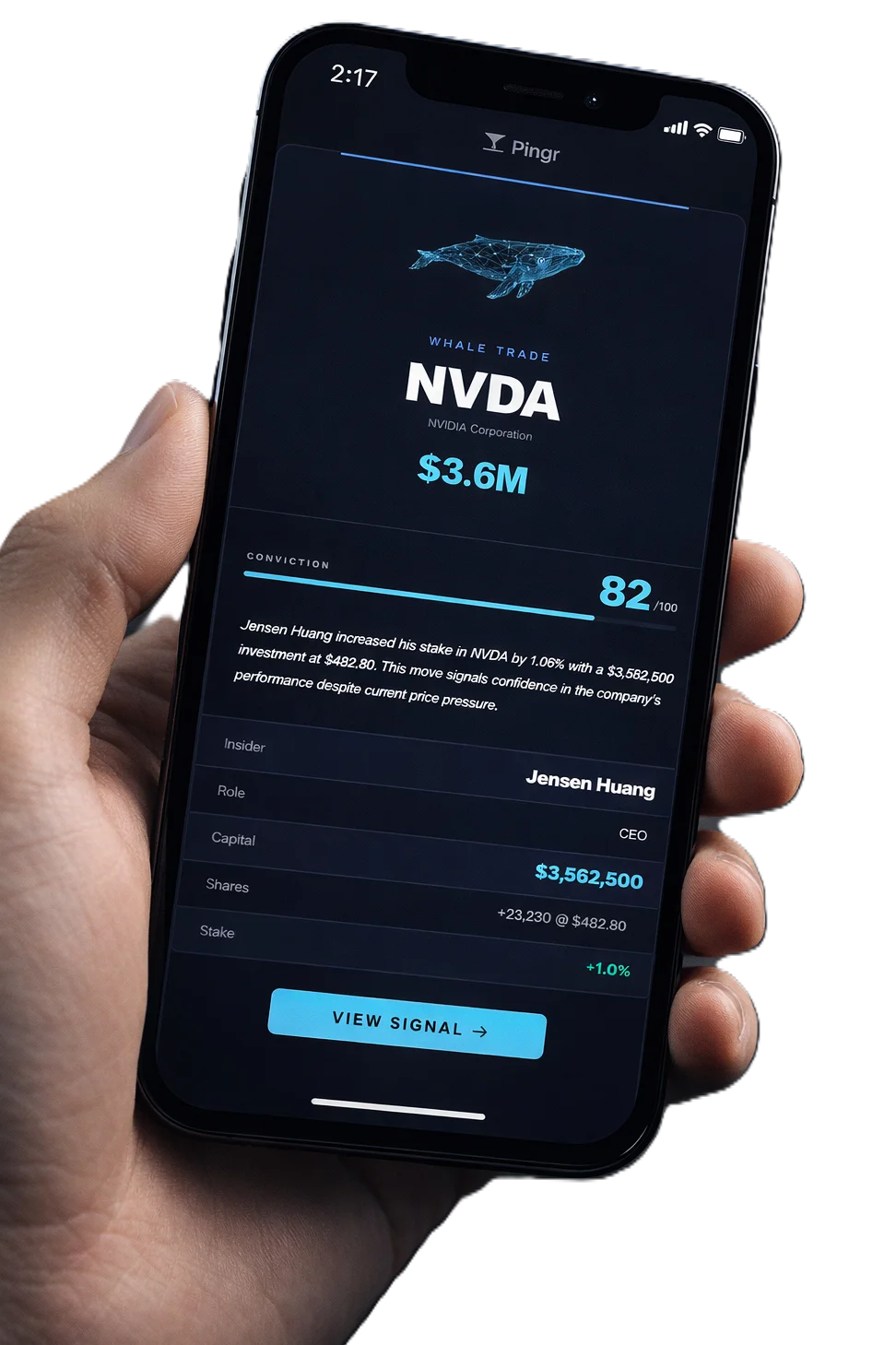A Pingr alert — real-time insider trade notification